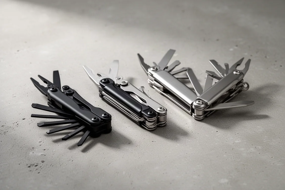 Quattro multi-tool pieghevoli in stile Leatherman disposti su una superficie di cemento opaco