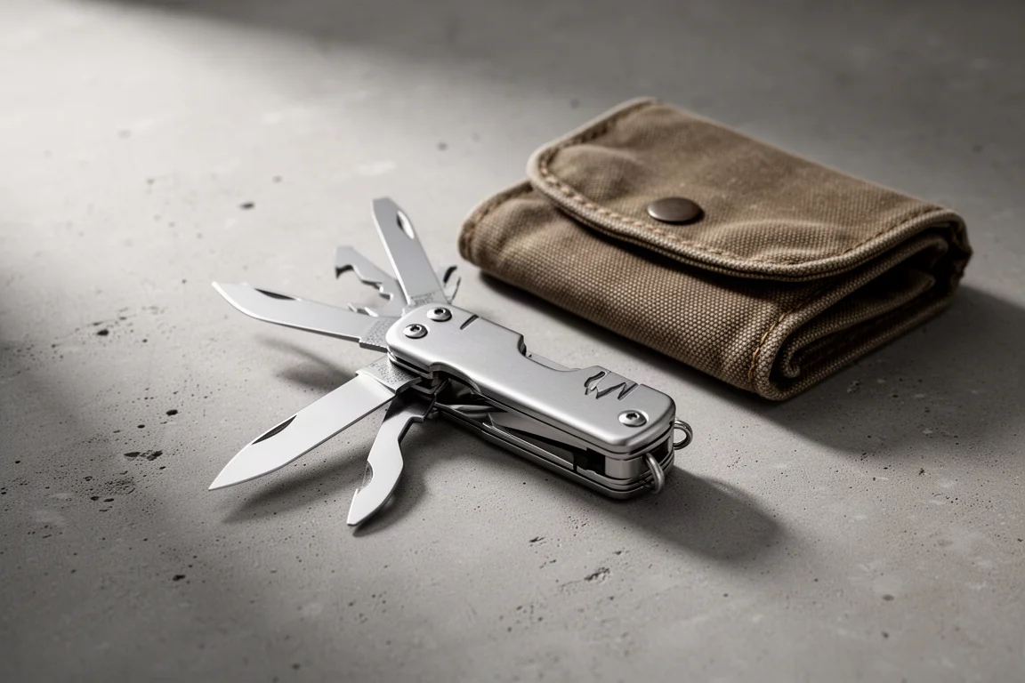 Stainless steel multi-tool with one blade extended on a concrete surface