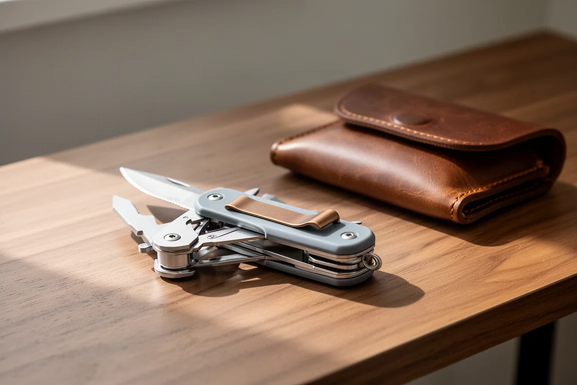 Multi-outil Leatherman fermé avec clip de poche posé sur un bureau en bois