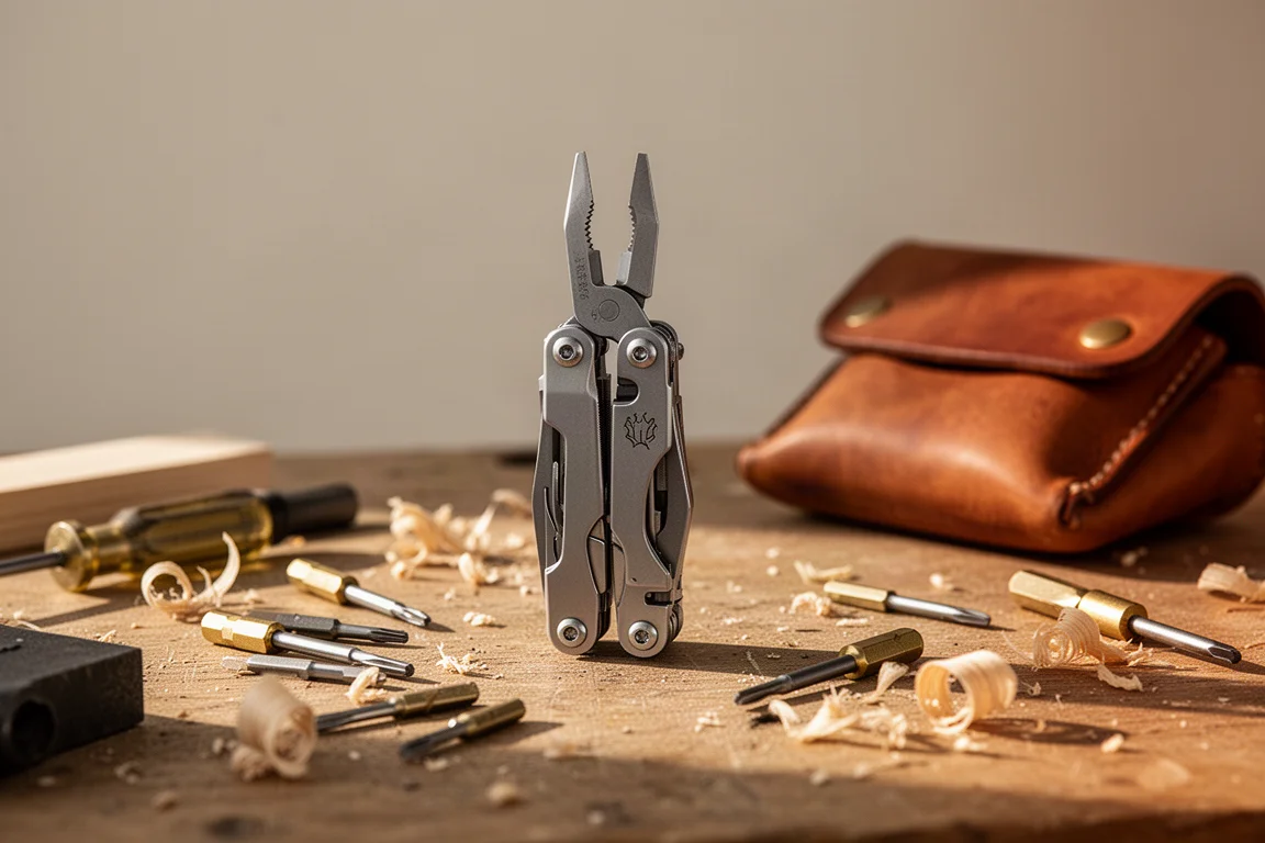 Mains utilisant le porte-embouts d'un multi-outil sur un établi sous une lumière chaude d'atelier