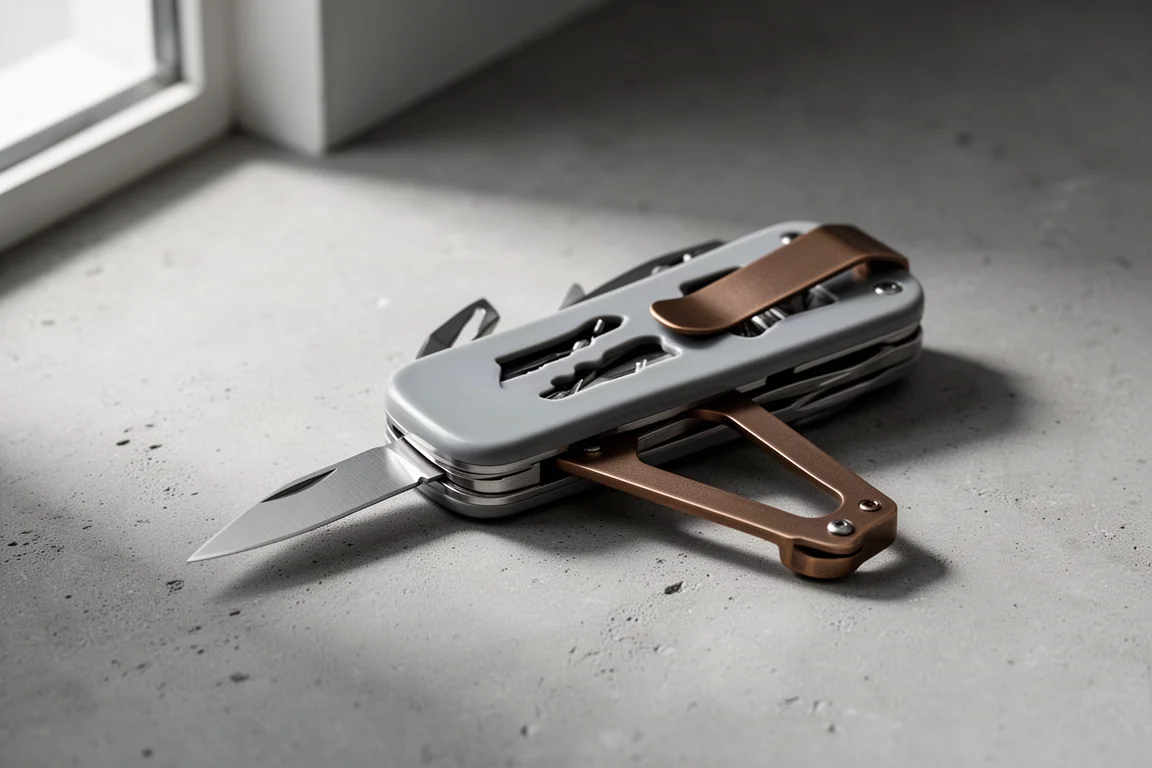 Multi-tool Leatherman chiuso con rivestimento grigio e clip bronzea su superficie in calcestruzzo