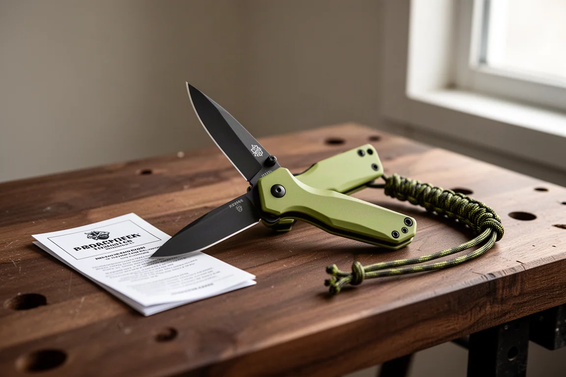 Kompaktes Taschenmesser mit grünem Cerakote-Metallrahmen auf einer Werkbank