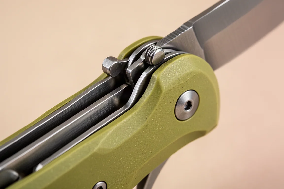 Nahaufnahme des Rollmechanismus der Klinge an einem Taschenmesser-Rahmen