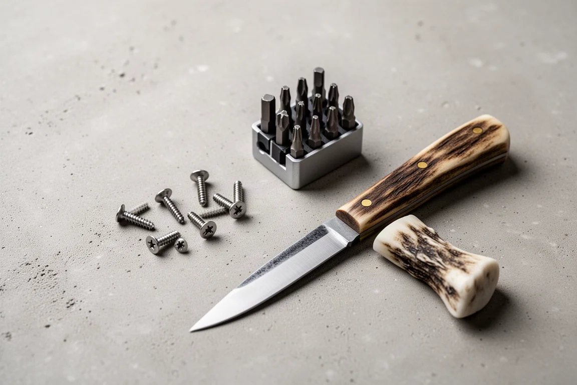 Kleine Torx-Schrauben und Klingen-Ersatzteile auf neutraler Oberfläche ausgelegt