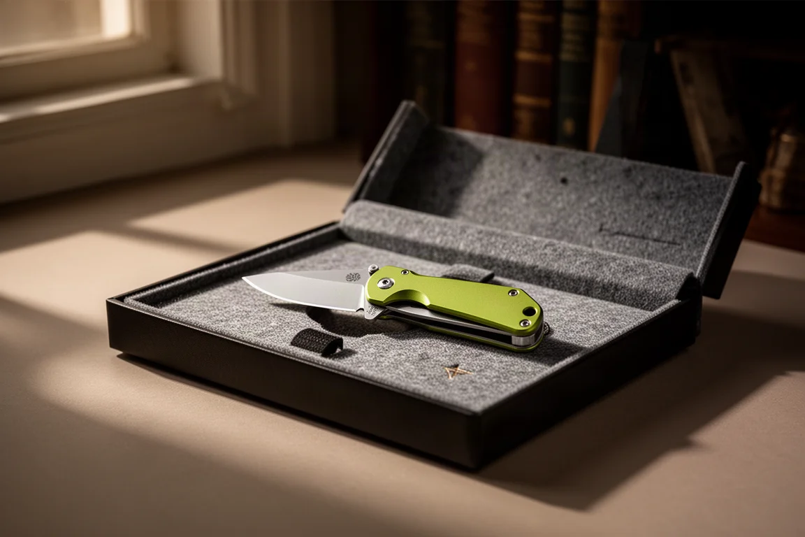 Taschenmesser in einer Sammler-Vitrine mit sanftem Abendlicht