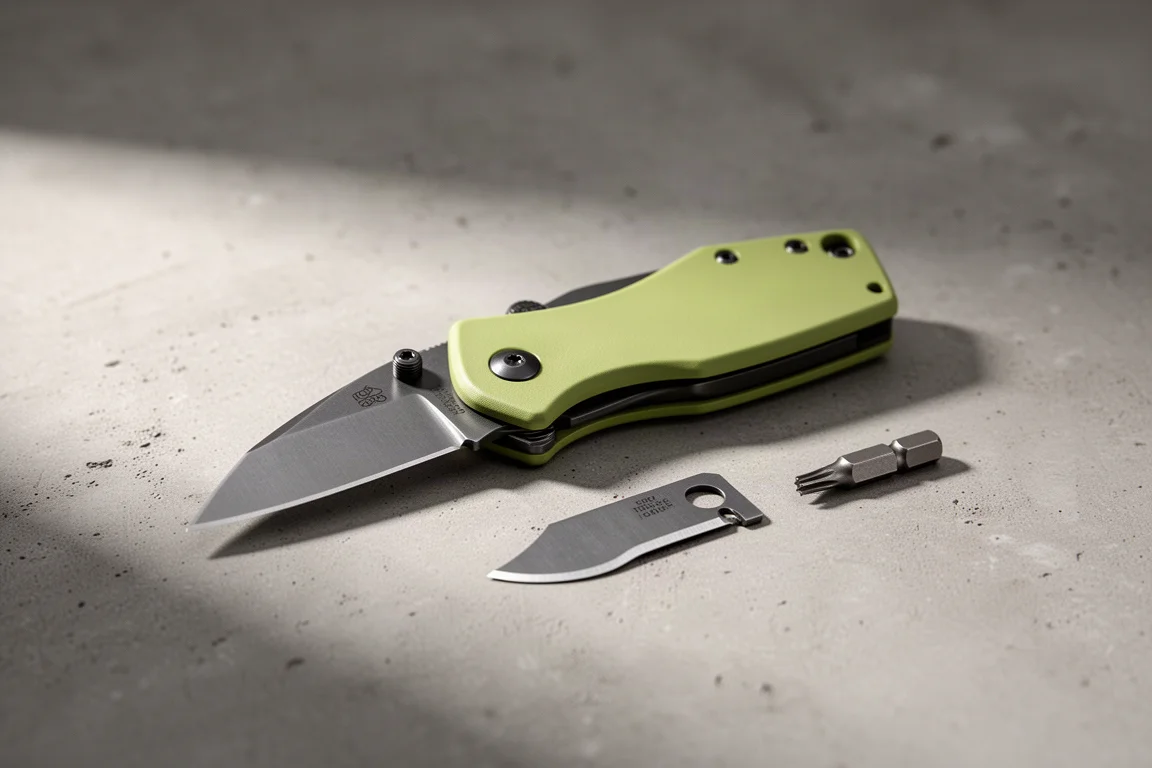 Coltello pieghevole compatto con telaio cerakotato verde su una superficie di cemento