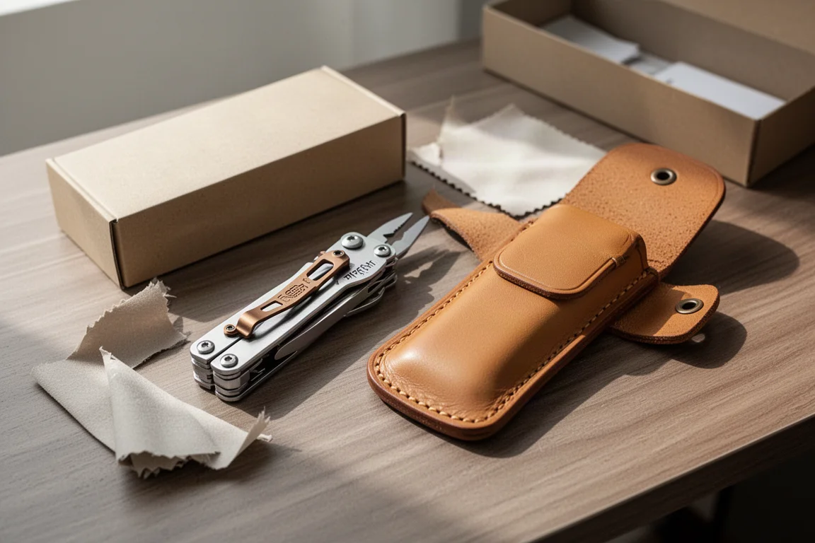 Ausgepacktes Multitool mit Ledertasche und Verpackung auf einem Tisch
