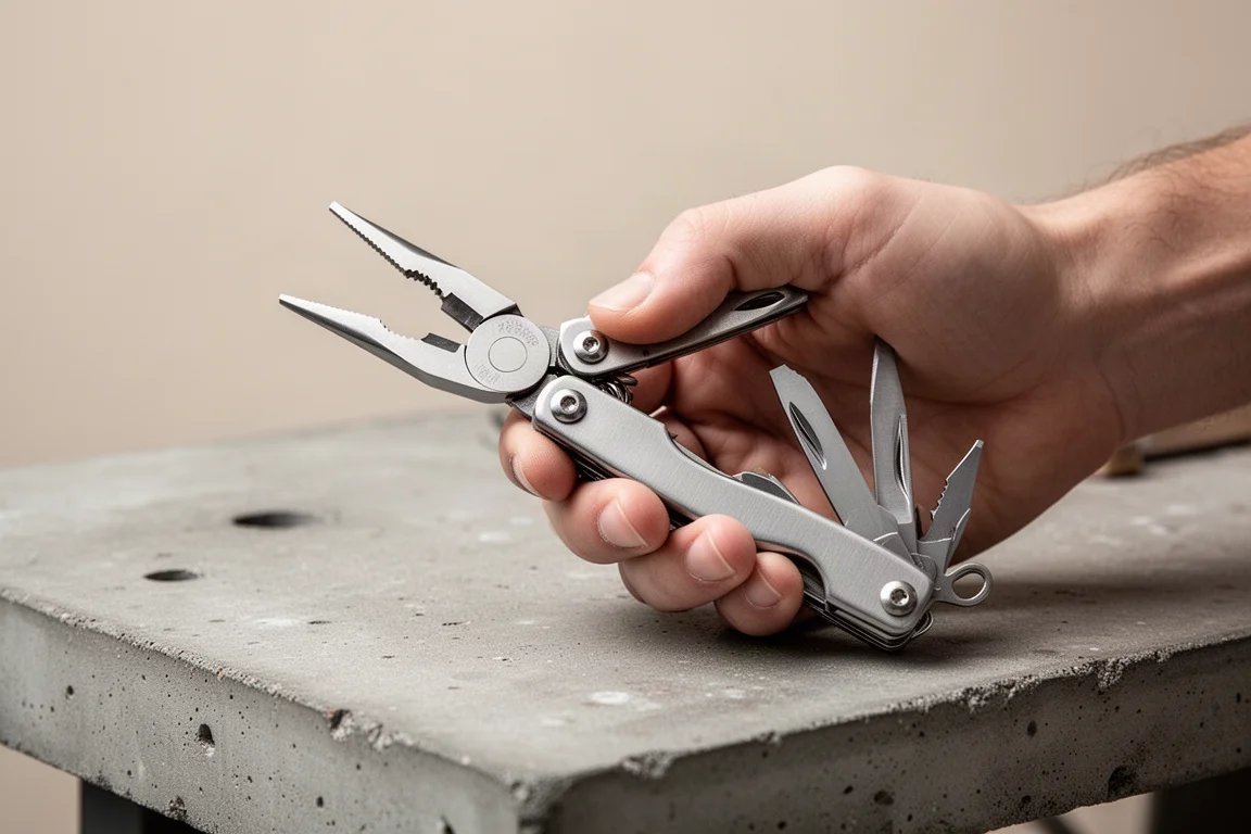 Multitool einhändig gehalten mit geöffneter Zange