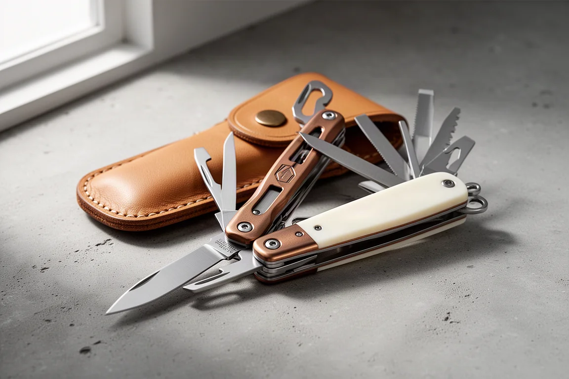 Multi-tool in acciaio inossidabile con dettagli in bronzo accanto a un fondina in pelle su cemento