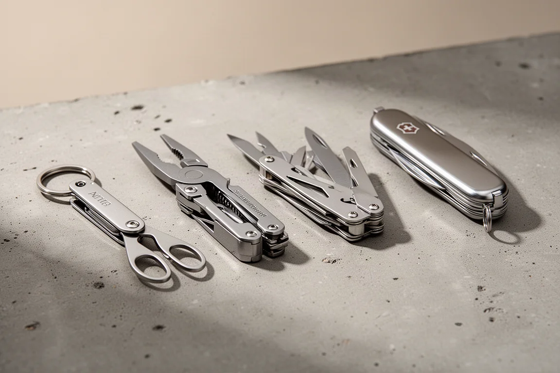 Cinque piccoli multi-tool disposti in fila su una superficie di cemento