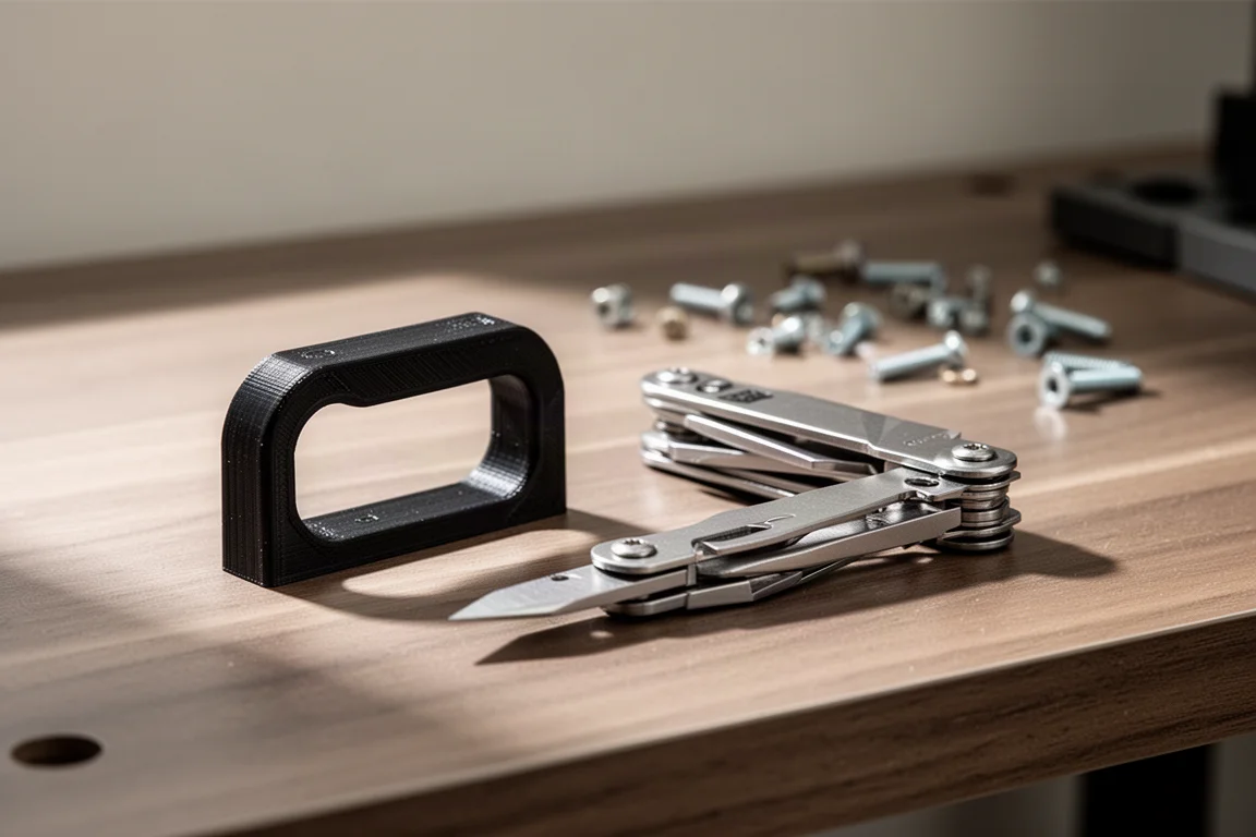 Klein 3D-geprint handvat voor een bit-verlenger op een werkbank naast een multitool