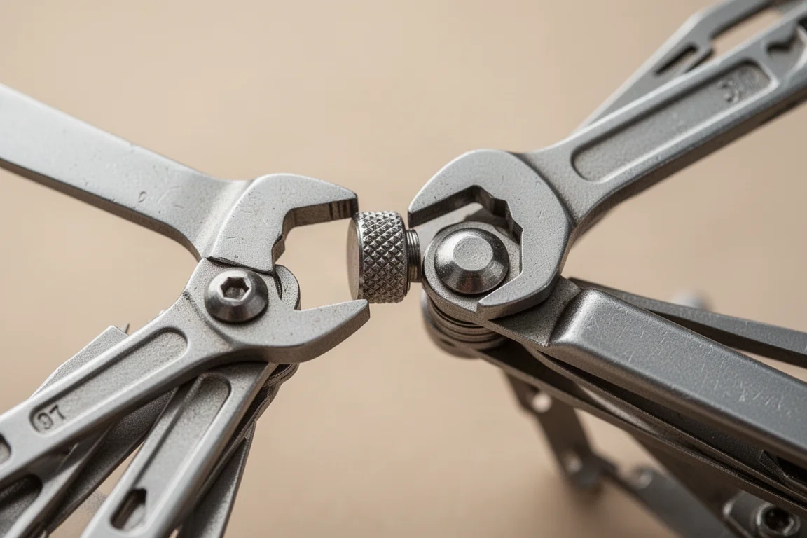 Twee kleine demontagesleutels die een pivotmoer van een multitool vastpakken