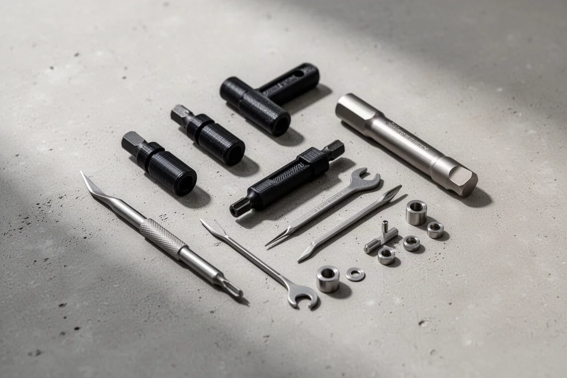 Composizione di accessori per la modifica di multi-tool disposti su una superficie di cemento