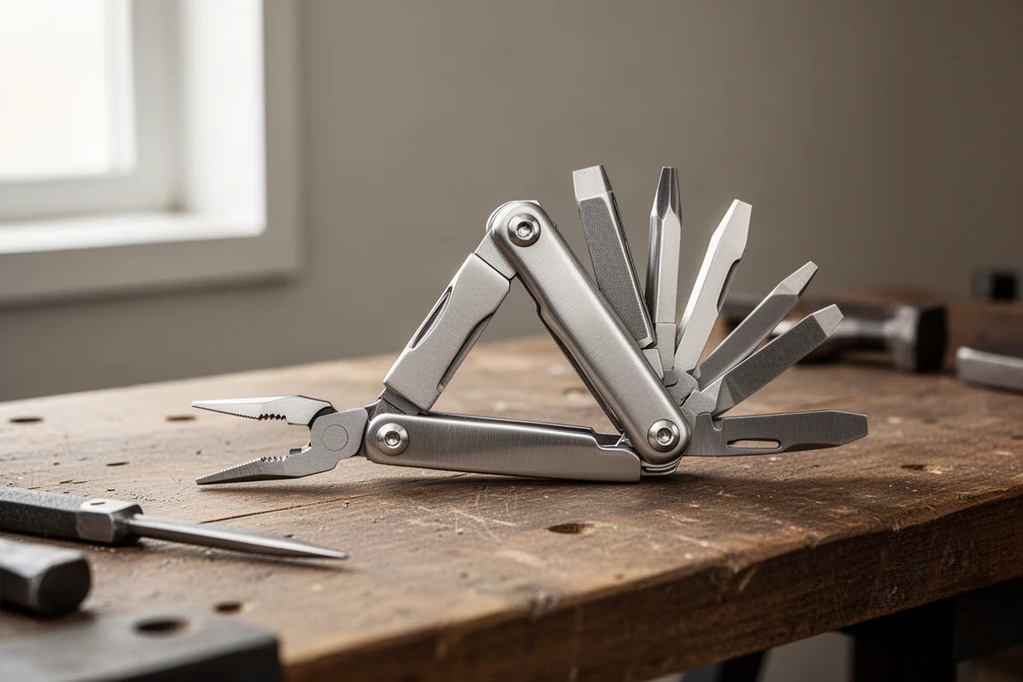Een opvouwbare multitool met geopende bektang op een houten werkbank