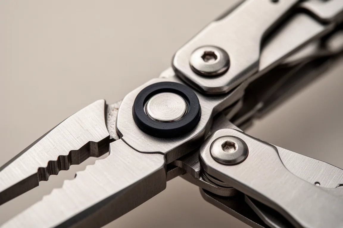 Close-up van de tang-pivot van een multitool met een rubberen pakking