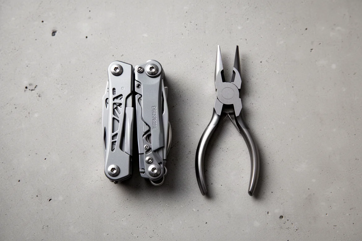 Een multitool naast een specifieke tang liggend op beton