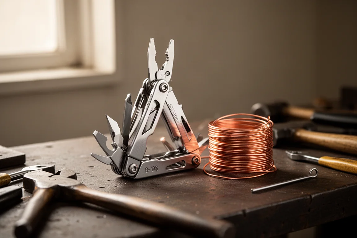Multitool op een werkbank naast opgerold draad en handgereedschap