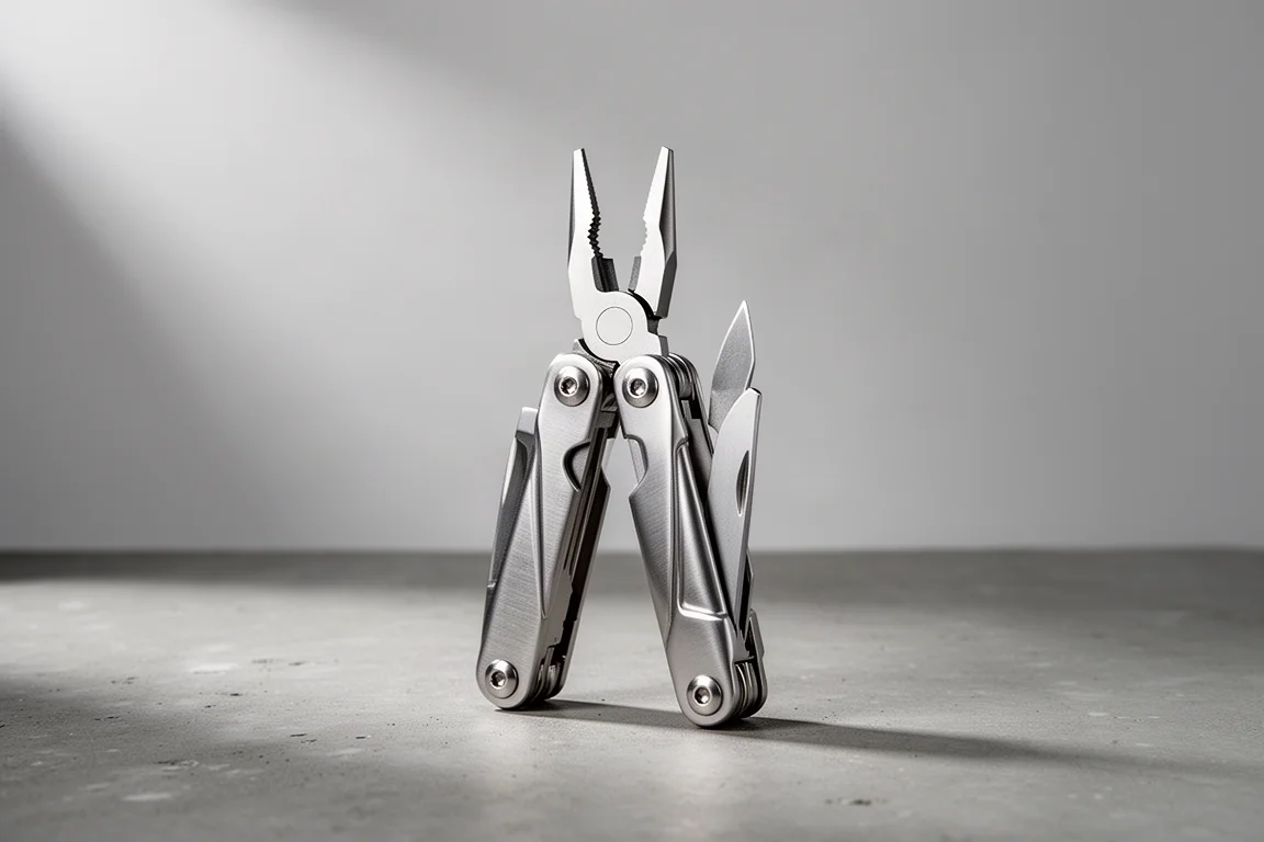 Folded stainless steel multi-tool with plier head open on a concrete surface
