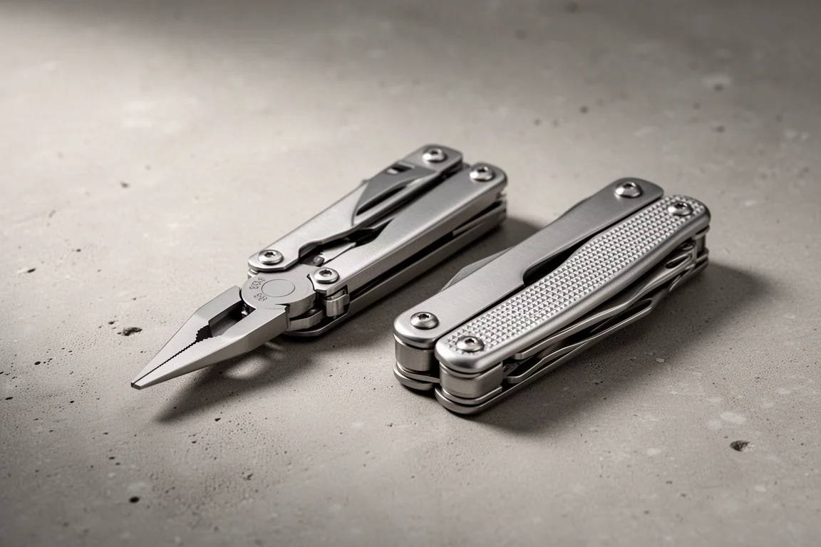 Leatherman Mr. Crunch and Free P4 multi-tools on a concrete surface