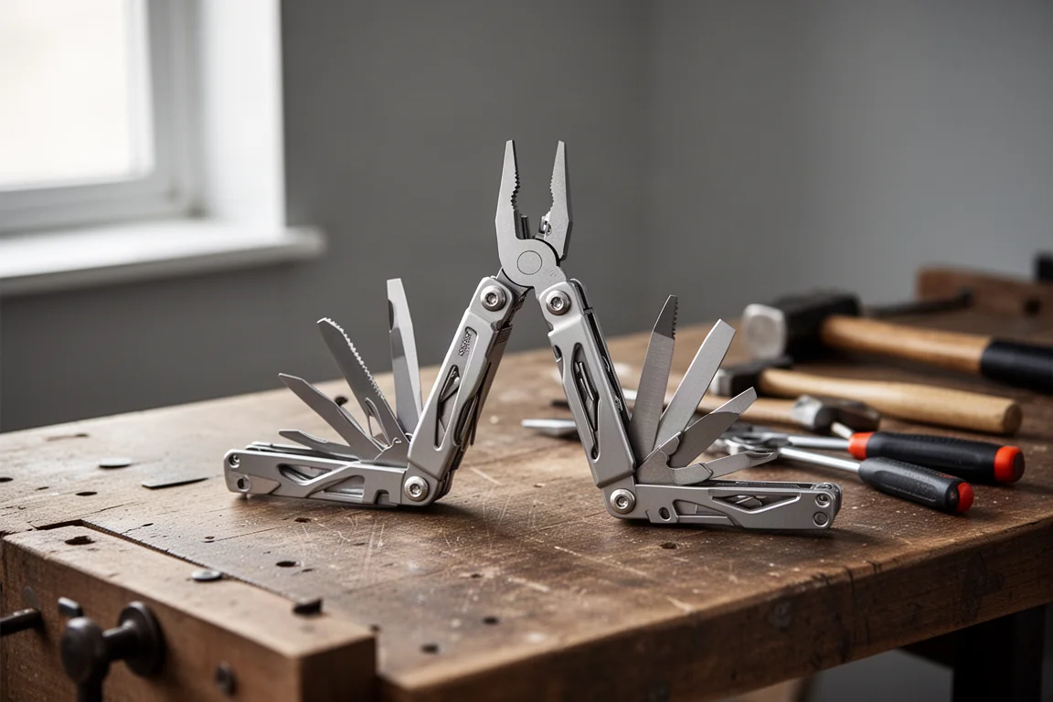 Open multitool with pliers resting on a wooden workbench