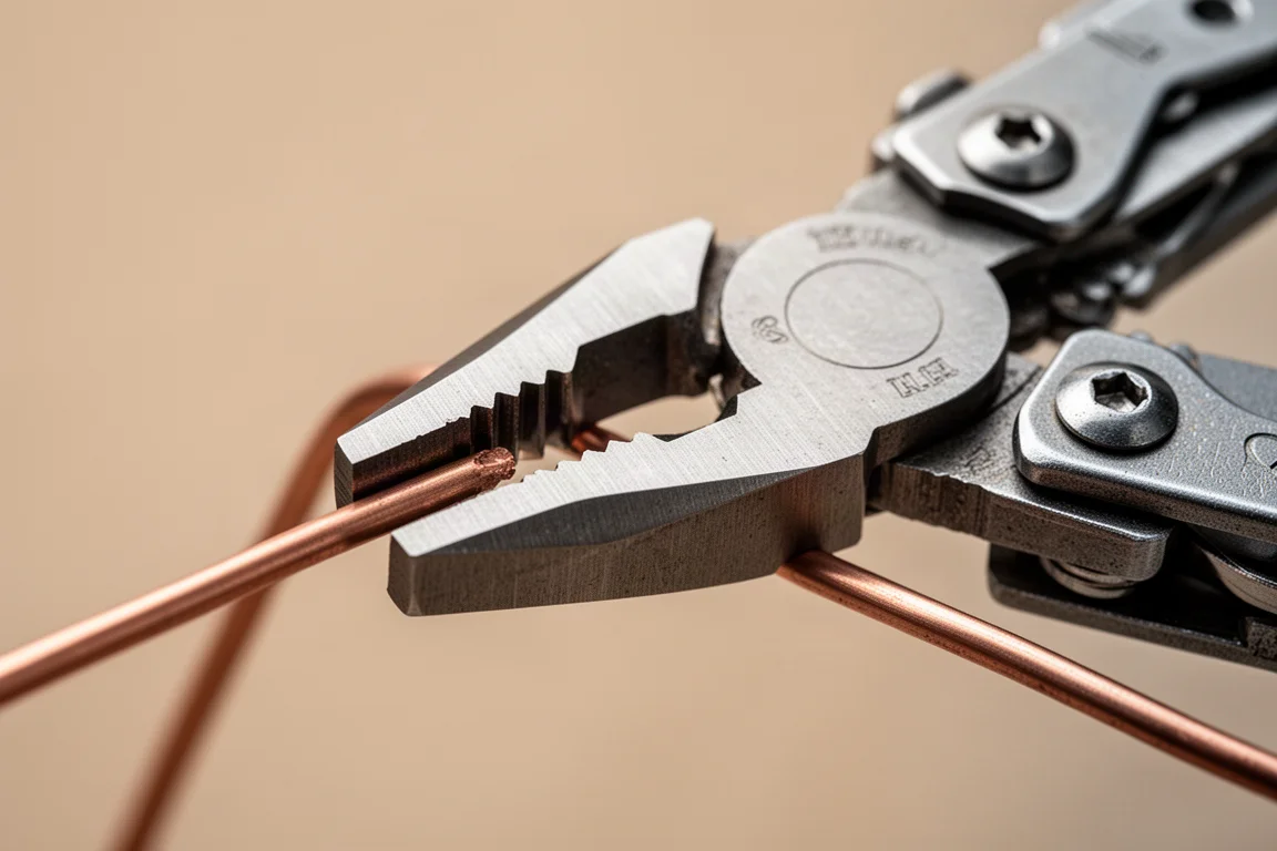 Close-up of multitool plier jaws gripping a length of wire