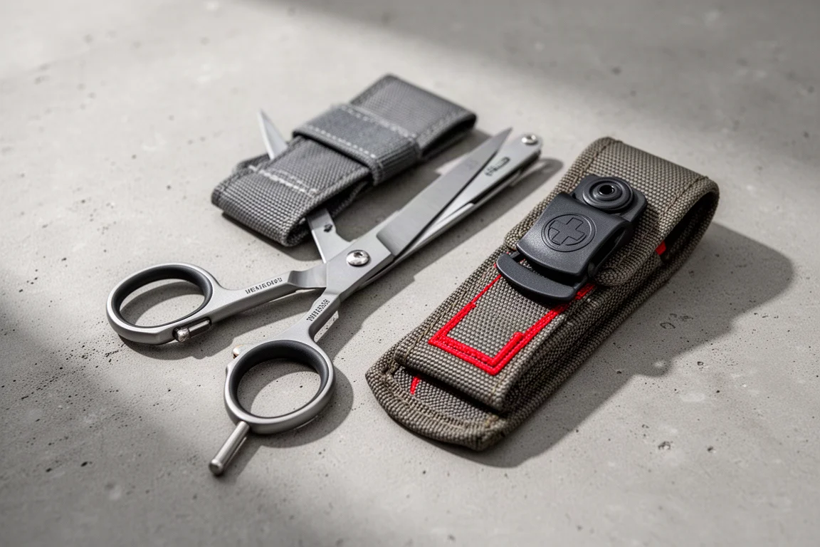 Folding medical shears and sheath lying on a concrete surface