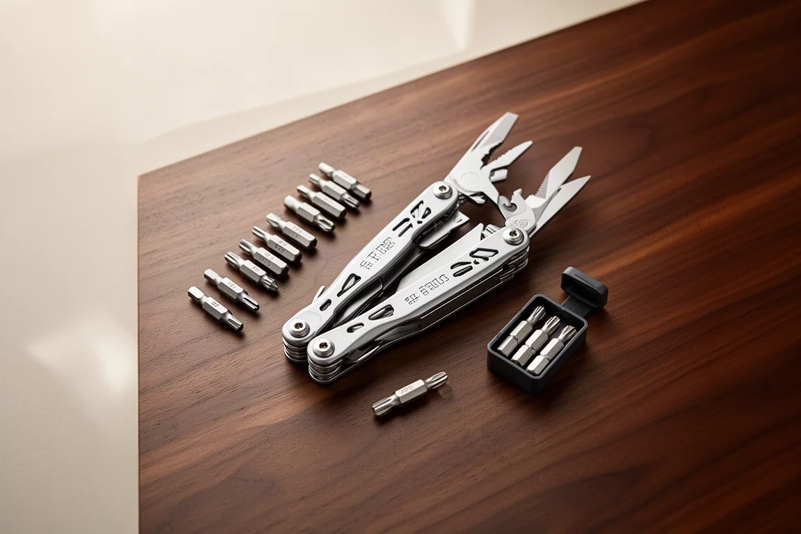 Multitool with replaceable bit kit components arranged on a desk