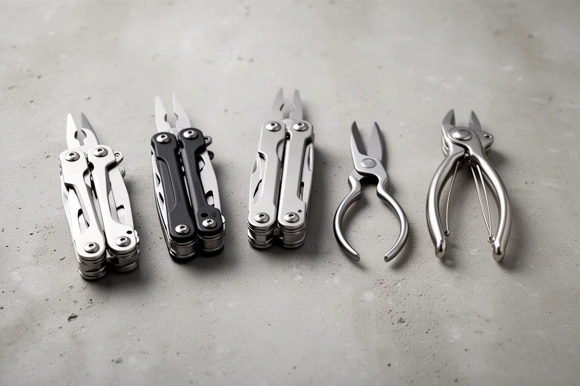 Sei multitool Leatherman disposti in fila su una superficie di cemento