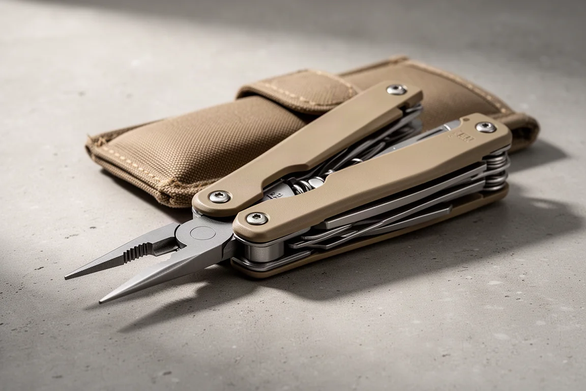 Coyote tan Leatherman OHT multi-tool with pliers deployed on concrete surface