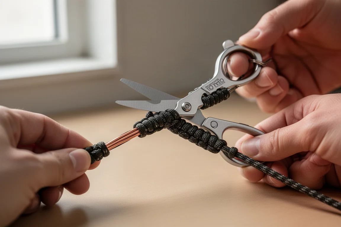 Mano cortando un tramo de paracord con las tijeras de una pequeña multiherramienta de llavero
