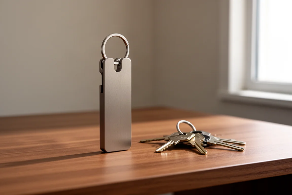 Elegante navaja de llavero de aluminio anodizado en pie sobre una superficie de madera