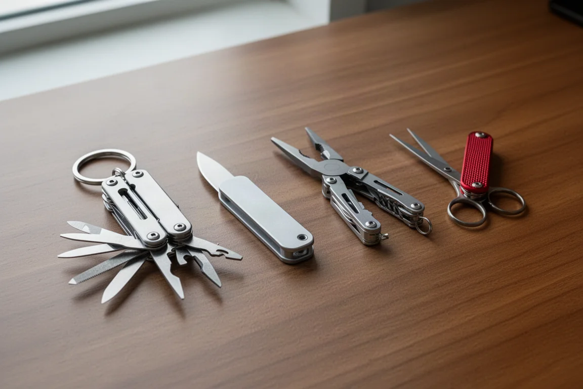 Quattro multi-tool compatti disposti in fila su una scrivania in legno