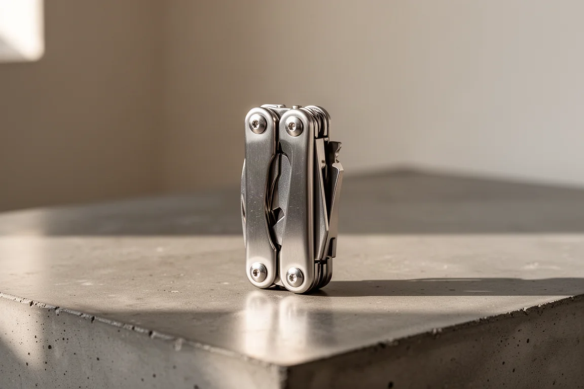 Złożony multitool leżący na kuchennym blacie w miękkim popołudniowym świetle