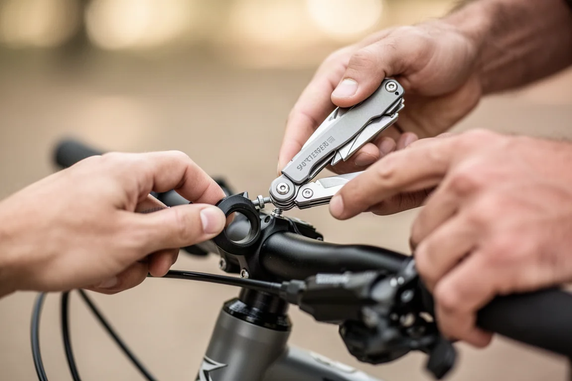 Multitool używany do dokręcenia śruby w kierownicy roweru