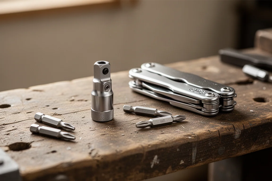 Compatto adattatore a cricchetto appoggiato su una panca di lavoro in legno accanto a un multitool ripiegato