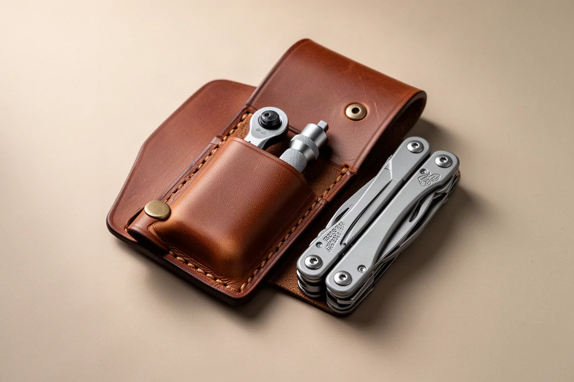 Fodero in pelle con portautensili disposto in piano contenente un adattatore a cricchetto e un multitool
