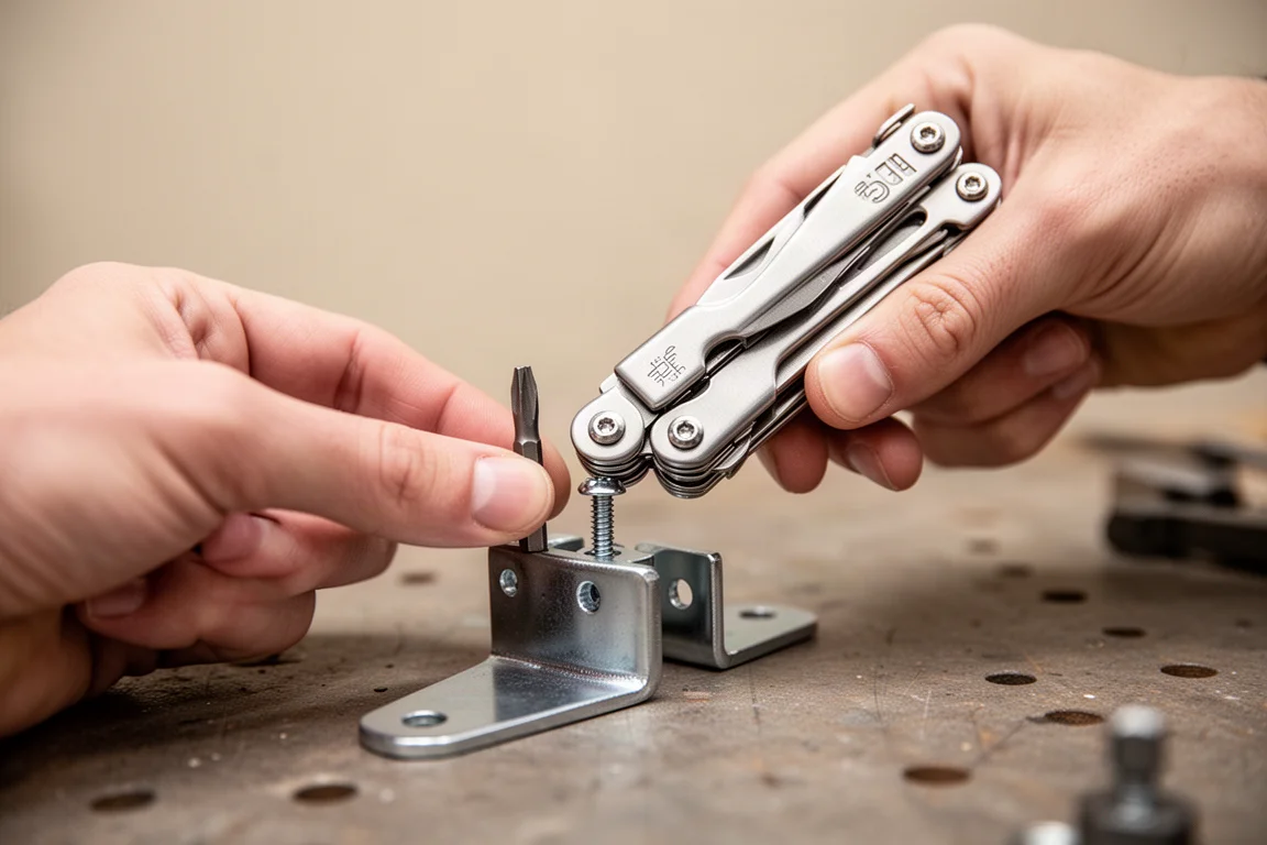Persona che usa un multitool con una punta per avvitare una vite su una staffa metallica