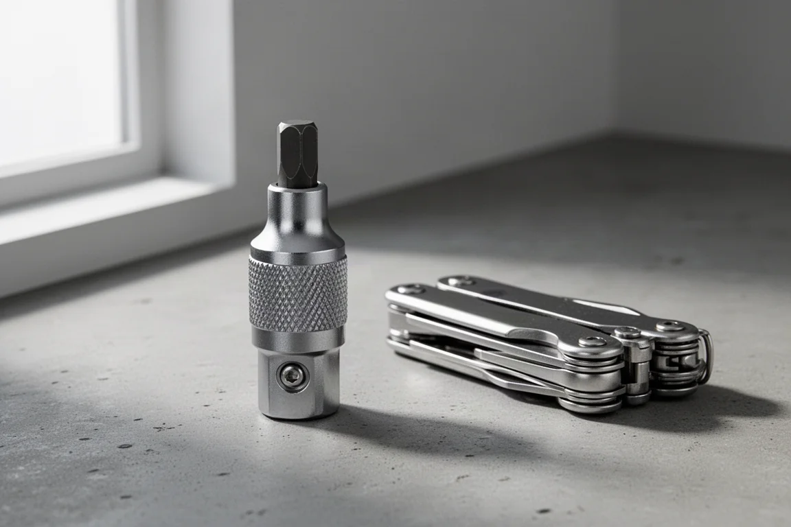 Compatto adattatore a cricchetto su cemento accanto a un multitool ripiegato