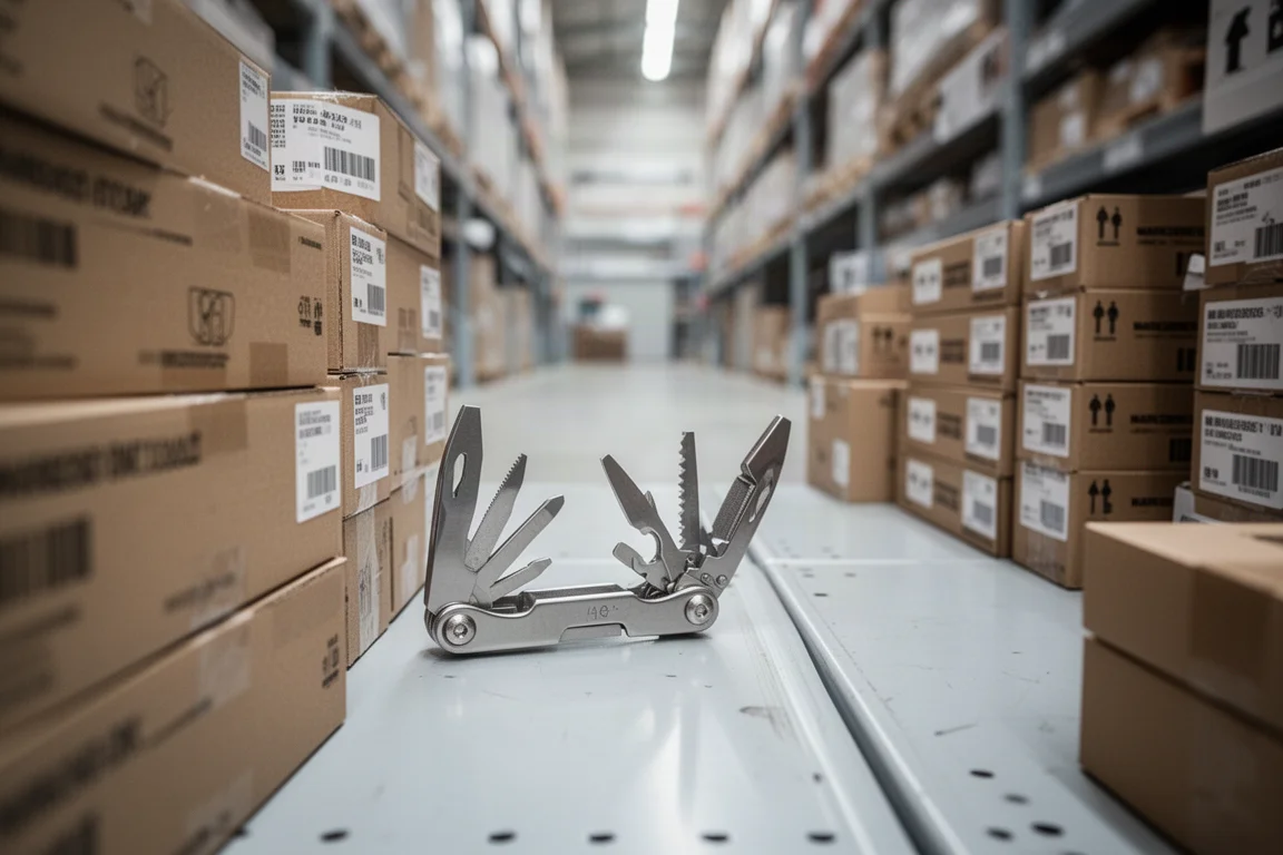 Ein Multitool aus Edelstahl liegt im Regal eines Warehouse-Stores neben gestapelten Kartons