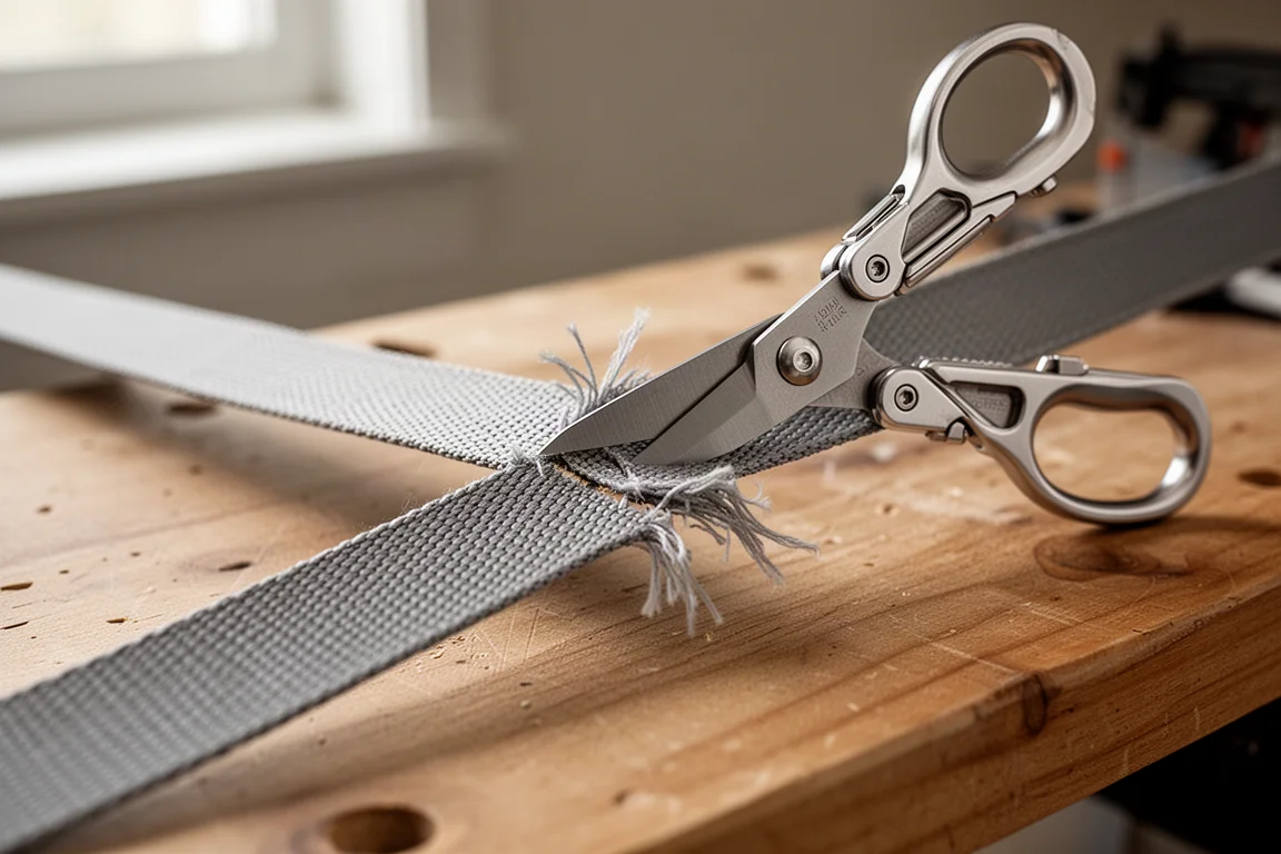 Die Schere eines Multitools versucht, einen Stoffstreifen unter Spannung zu schneiden