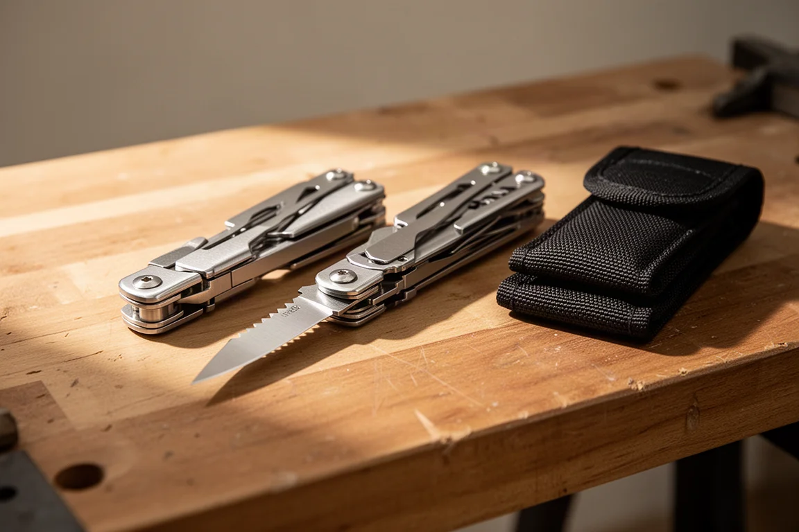 Zwei Multitools aus Edelstahl liegen nebeneinander auf einer Werkbank neben einem gefalteten Nylon-Etui