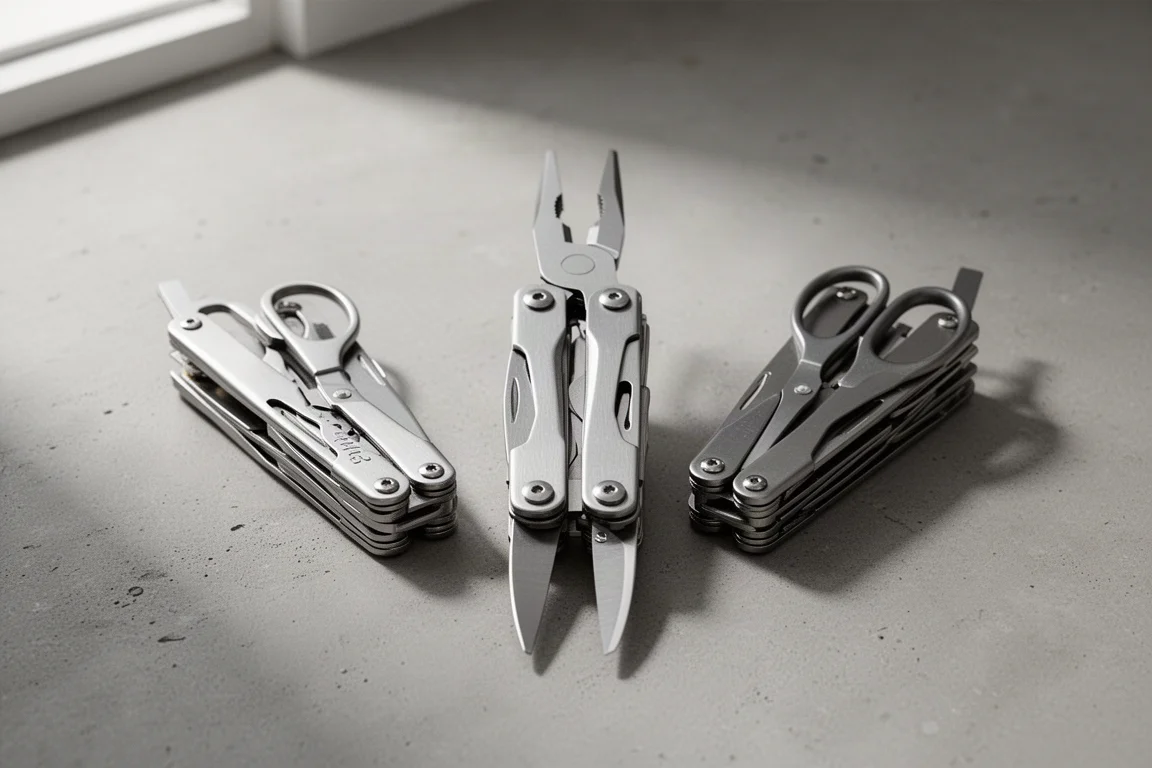 Three stainless steel folding multi-tools arranged in a fan on a concrete surface