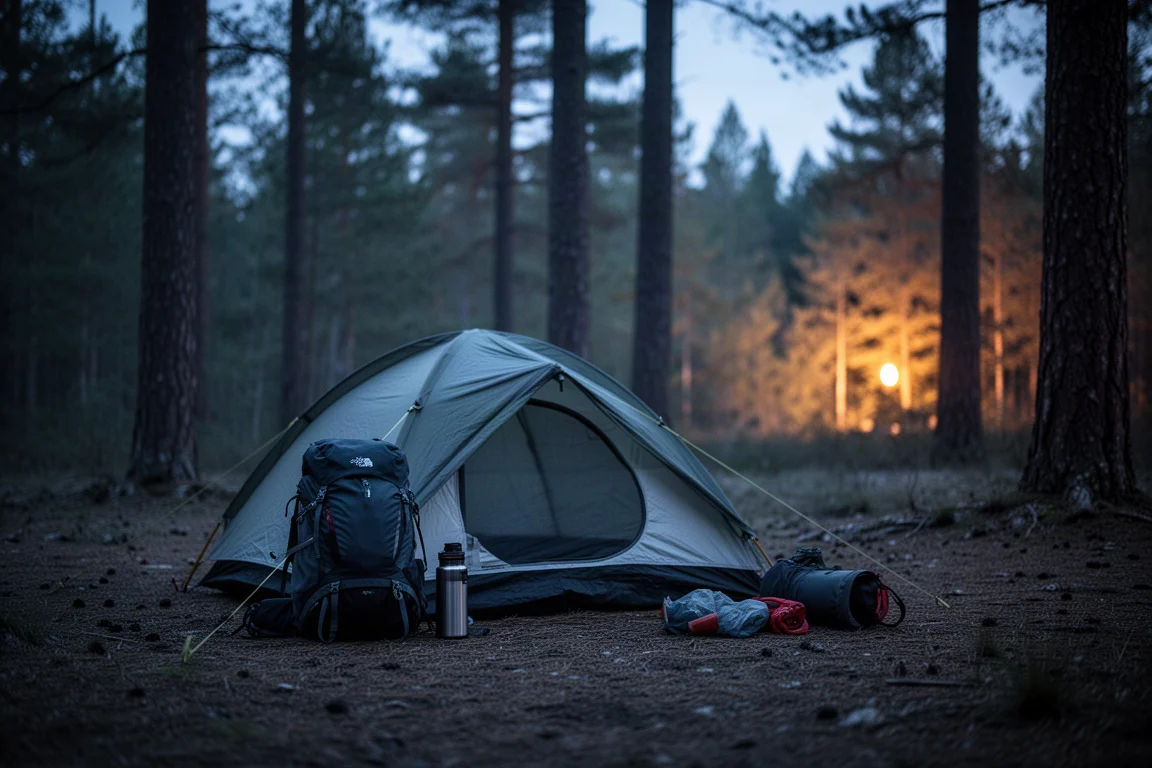 Cenário de acampamento ao entardecer com barraca e equipamento de trilha no chão da floresta