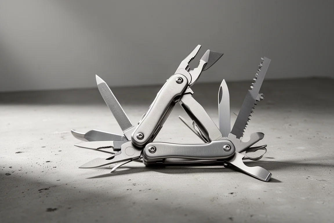 Multi-tool in acciaio inox aperto con pinze e lame pieghevoli su cemento