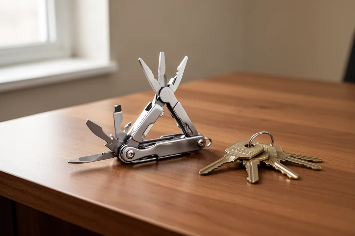 Kleines Klappmultitool auf einem Schreibtisch aus Holz neben Schlüsseln