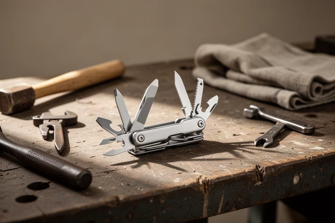 Multitool auf einer Werkbank neben Handwerkzeug