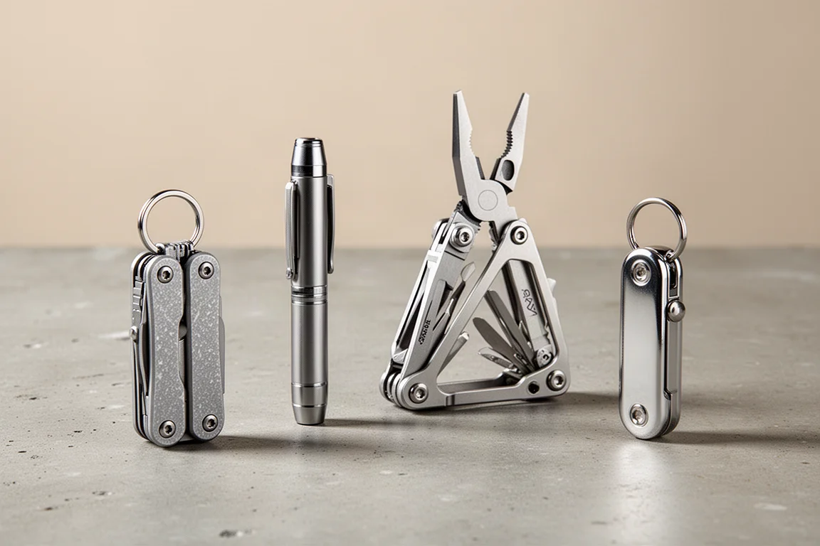 Four compact multi-tools arranged in a row on a concrete surface