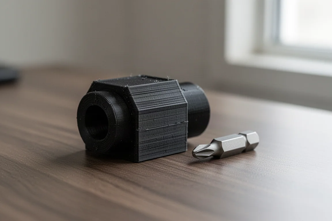 Close-up of a small 3D-printed black bit driver part with visible layer lines on a wooden desk