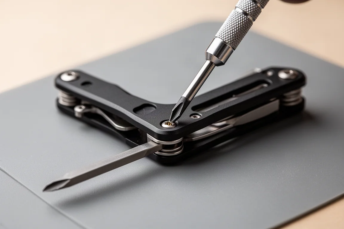 Small Phillips screwdriver tightening a tiny screw on a compact multi-tool frame