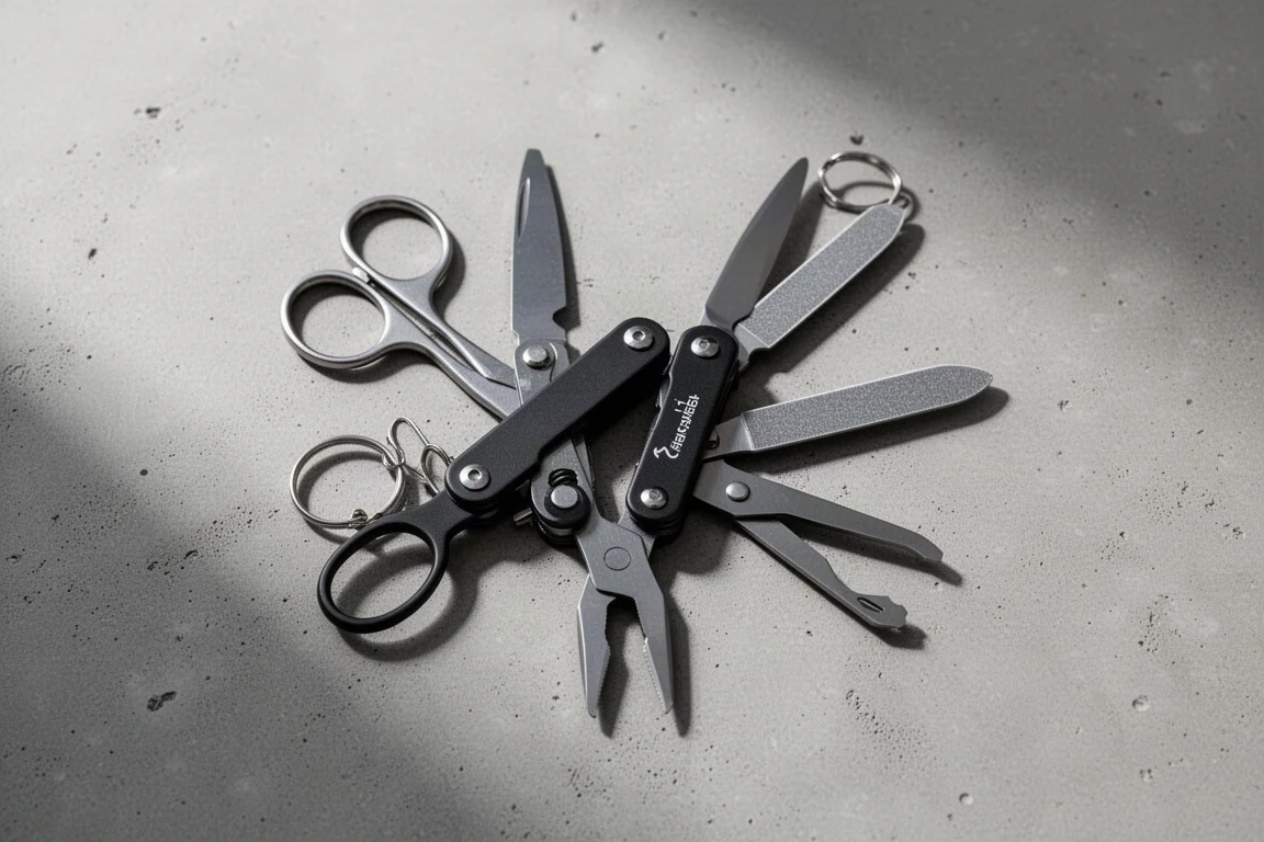 Compact multi-tool laid open on a desk showing scissors, tweezers and bottle opener